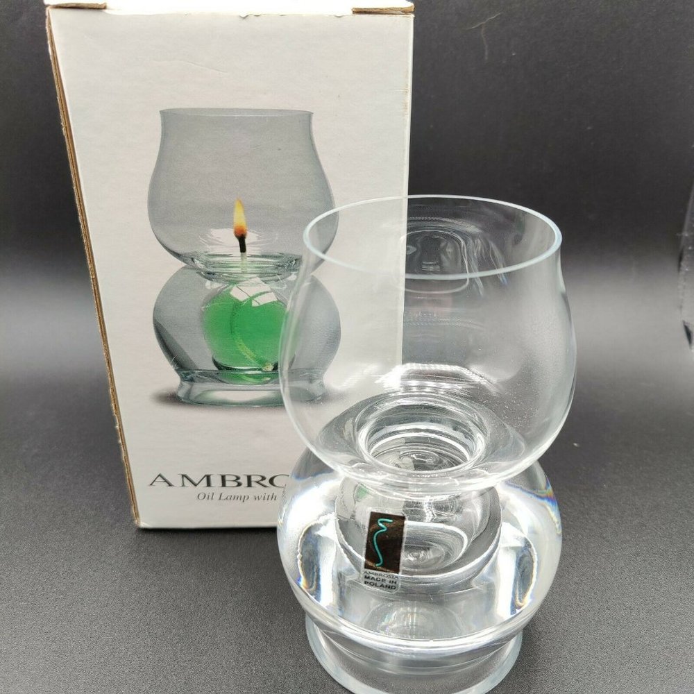 Original Ambrosia Hand Blown Crystal Glass Oil Lamp with Shade Made in Poland